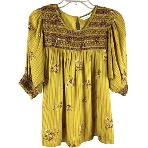 ACOS&A Floral Milkmaid Smocking Babydoll Top Boho Shirt L NWT Embroidery